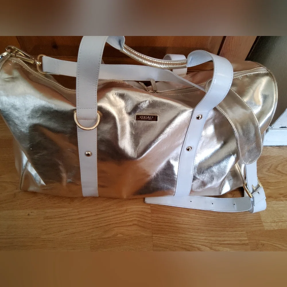 Versace Metallic Gold Duffel Bag with White Straps